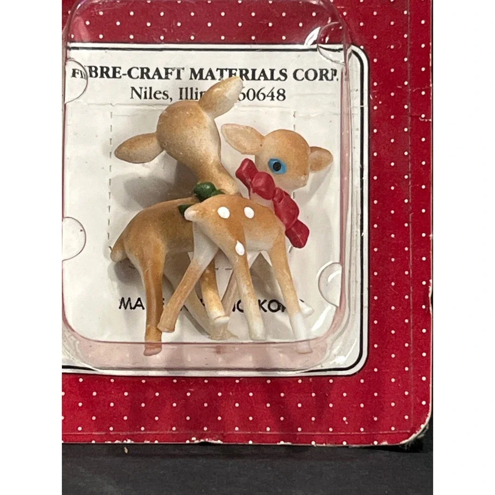 Vintage Fibre-Craft Miniature Deer with Collar 2 Pcs Set No 8546 Retro Christmas